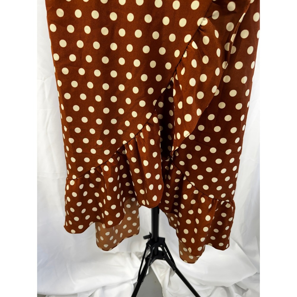 Sanctuary Brown White Polka Dot Faux Wrap High Low Slip Dress Sz 0 - Picture 8 of 14
